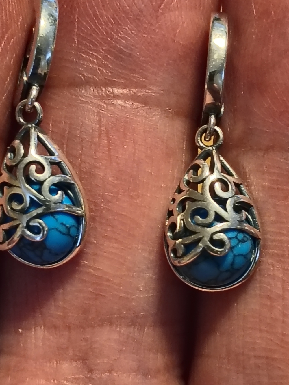Gorgeous Turquoise Teardrop Filigree Dangle Earrings Signed S925